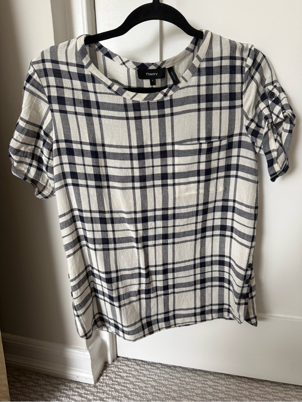 Theory Ivory and Navy Plaid Short Sleeve Blouse